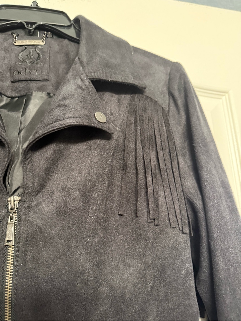 Odyn Black Faux Suede Fringe Moto Jacket Western Boho Size Small - Picture 5 of 9